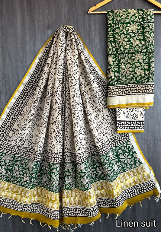 Fatima | Hand Block Printed Linen Suit Set with Linen Cotton Dupatta