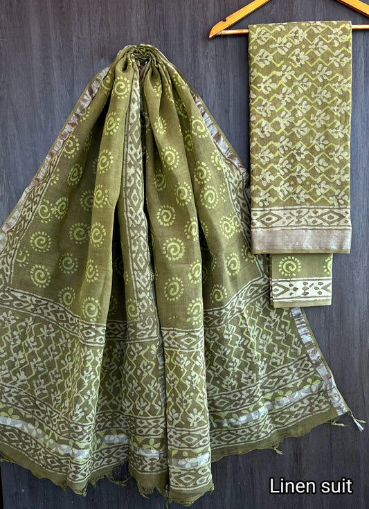 Hrishitaa | Hand Block Printed Linen Suit Set with Linen Cotton Dupatta