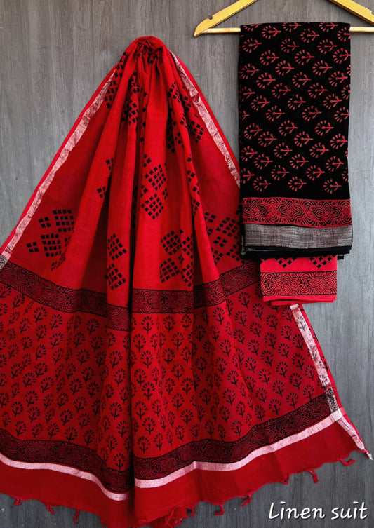 Geetu | Hand Block Printed Linen Suit Set with Linen Cotton Dupatta