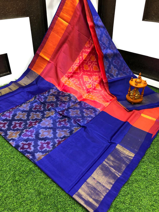 Saira | ikat design silk sarees - crimson & royal blue