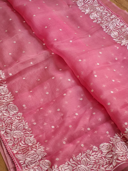 Soni | Organza silk parsi gara with embroidery and lace red