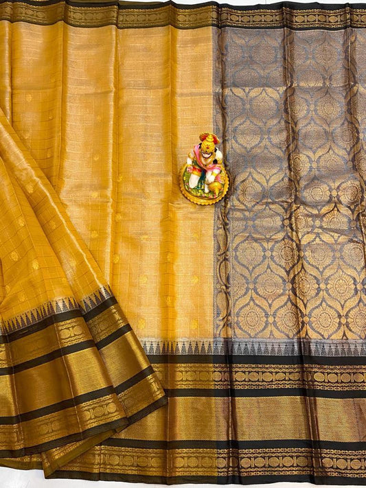 Divya | Mangalagiri Tissue Checks Butta With Gadwal Border Sarees In Goldenrod Color