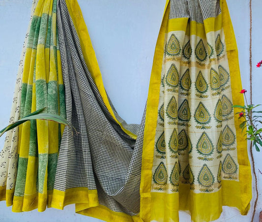 Bruna | Block printed Maheshwari Silk Saree