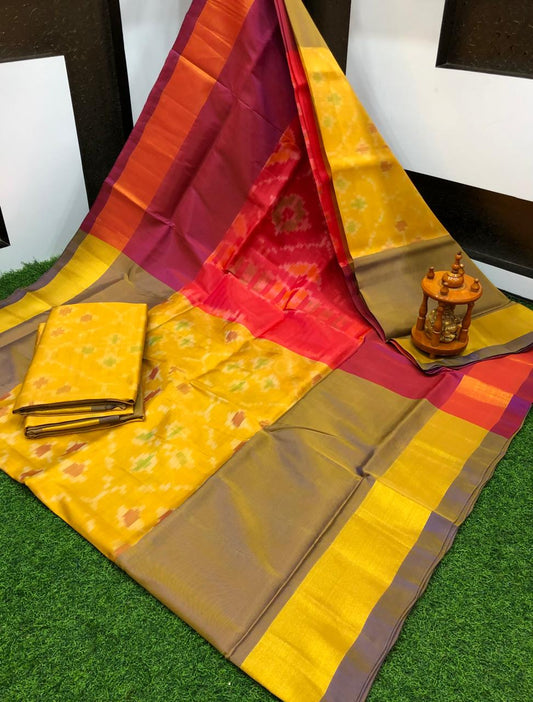 Saira | ikat design silk sarees - gold with red