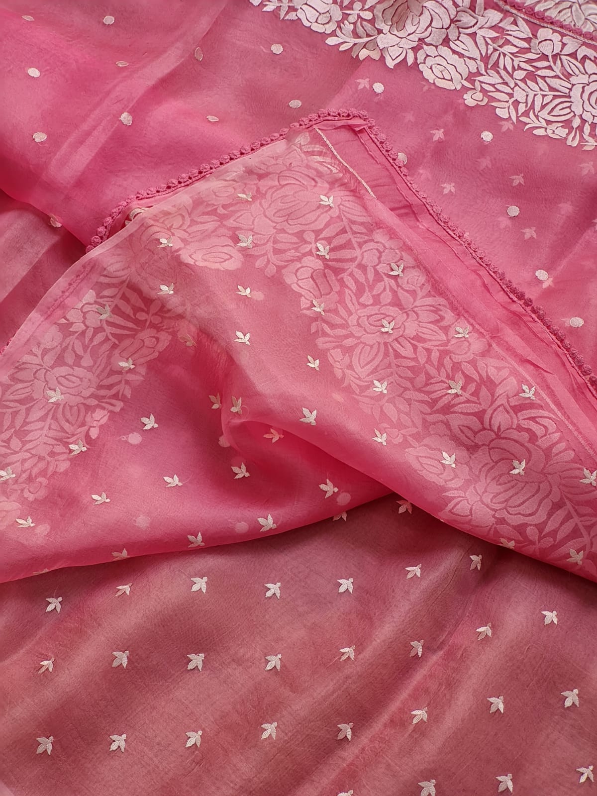 Soni | Organza silk parsi gara with embroidery and lace red