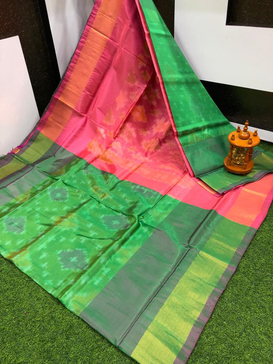 Saira | ikat design silk sarees - springgreen & pink