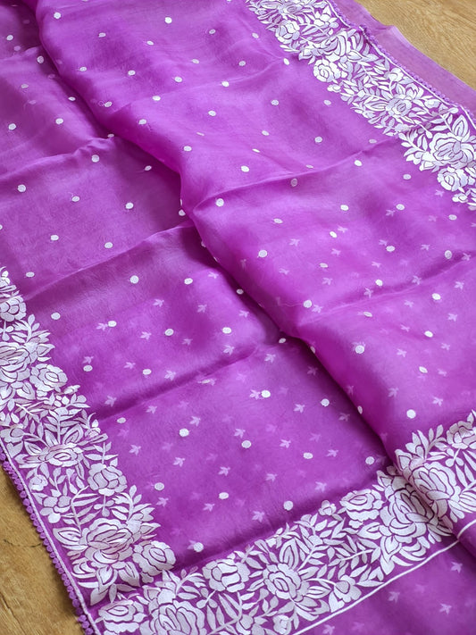 Samson | Organza silk parsi gara with embroidery and lace purple