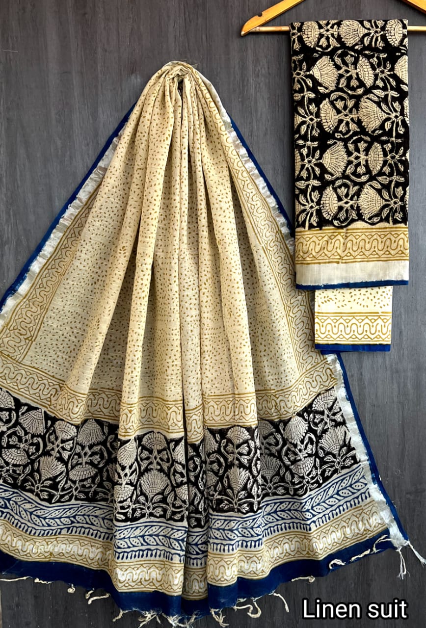 Ena | Hand Block Printed Linen Suit Set with Linen Cotton Dupatta