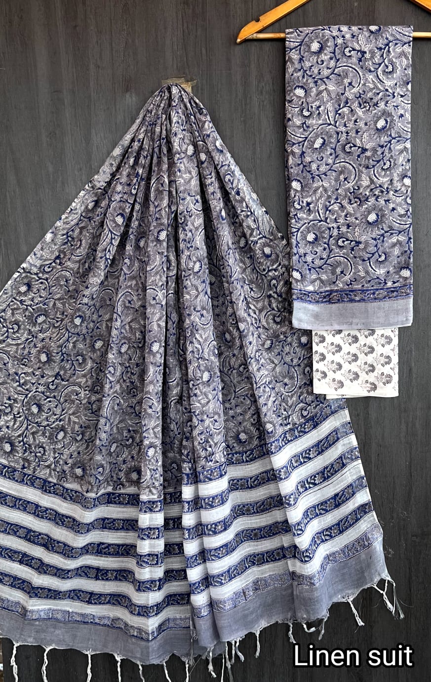 Divya | Hand Block Printed Linen Suit Set with Linen Cotton Dupatta