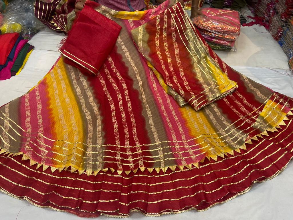 Iniya | Kota Doriya Lehenga with Traditional Lehriya Print and Gota Bijiya Border