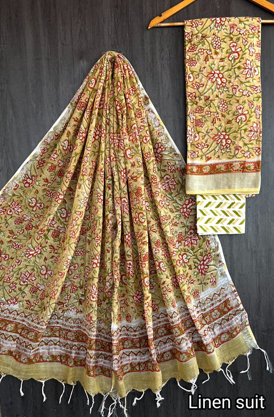 Dimple | Hand Block Printed Linen Suit Set with Linen Cotton Dupatta