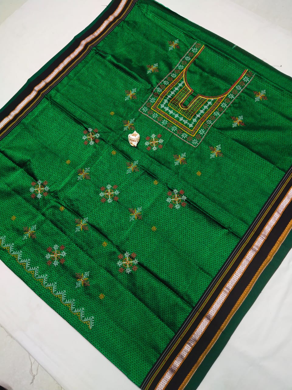 Surya | Kasuti Pattern on khun Kurta Fabric in Darkgreen Color