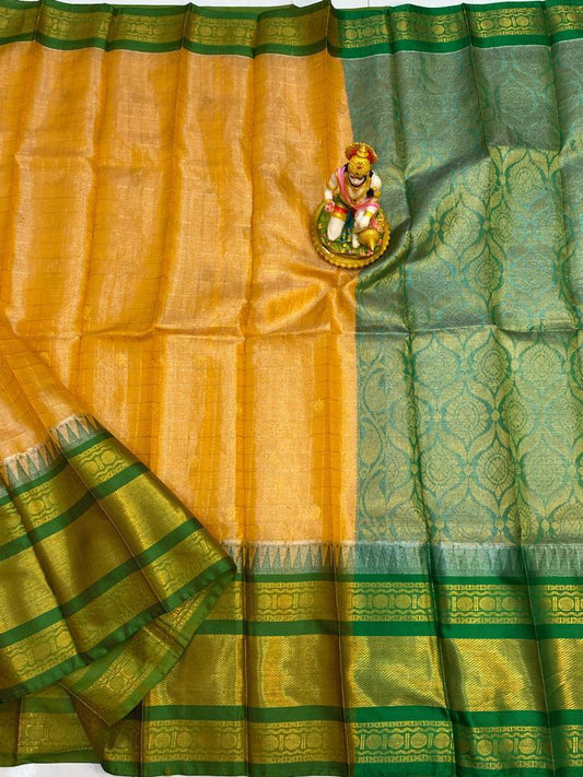 Amulya | Mangalagiri Tissue Checks Butta With Gadwal Border Sarees In Orange Color