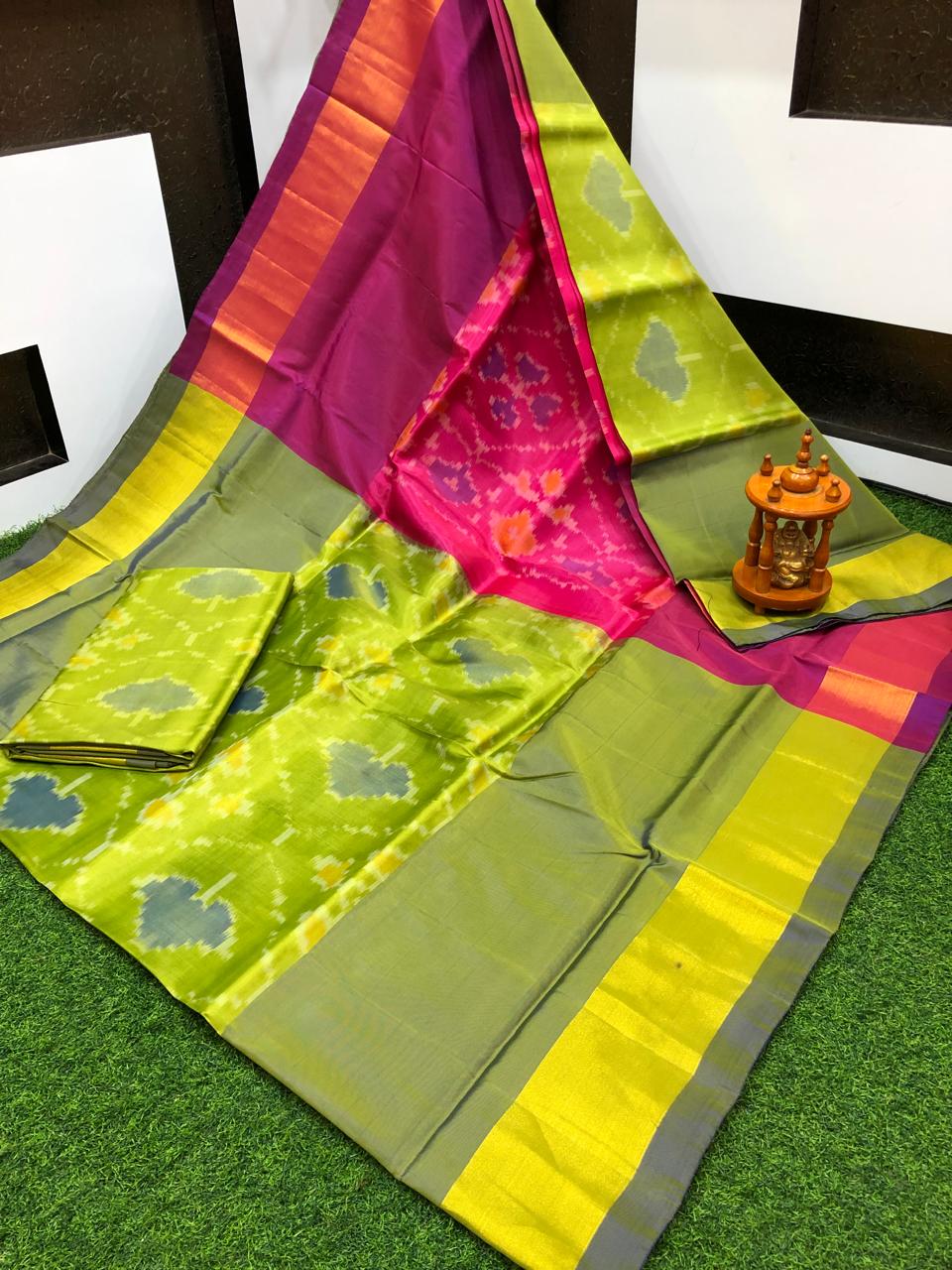 Saira | ikat design silk sarees - greenyellow & pink