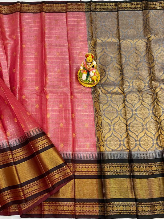 Ahana | Mangalagiri Tissue Checks Butta With Gadwal Border Sarees In Lightcoral Color