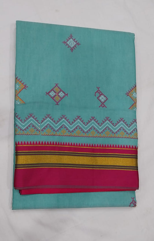 Chanda | Karnataka Kasuti work cotton saree Indarkturquoise  color