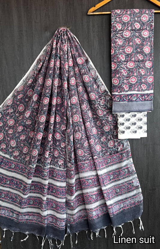 Deepal | Hand Block Printed Linen Suit Set with Linen Cotton Dupatta