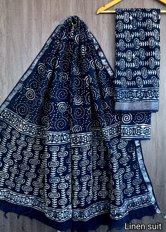 Hema | Hand Block Printed Linen Suit Set with Linen Cotton Dupatta