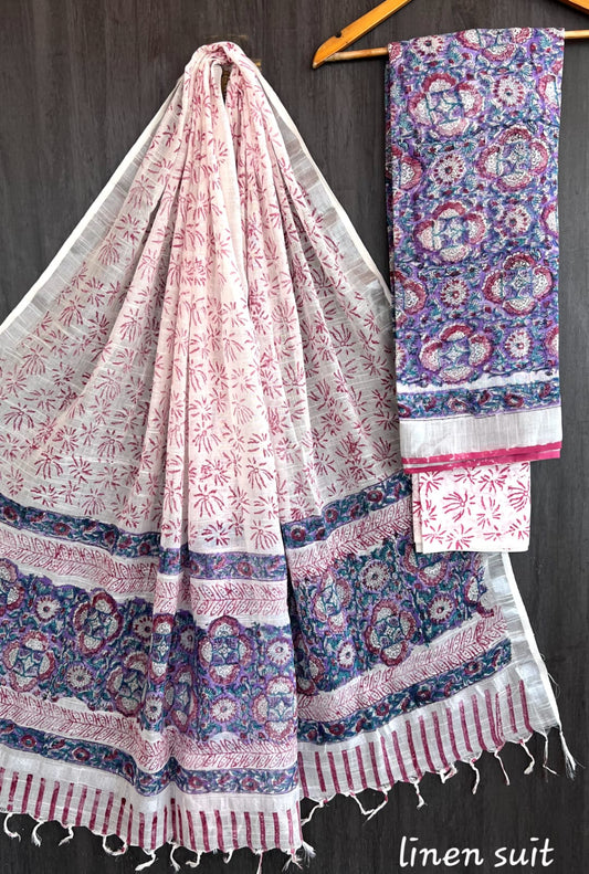 Ishita | Hand Block Printed Linen Suit Set with Linen Cotton Dupatta