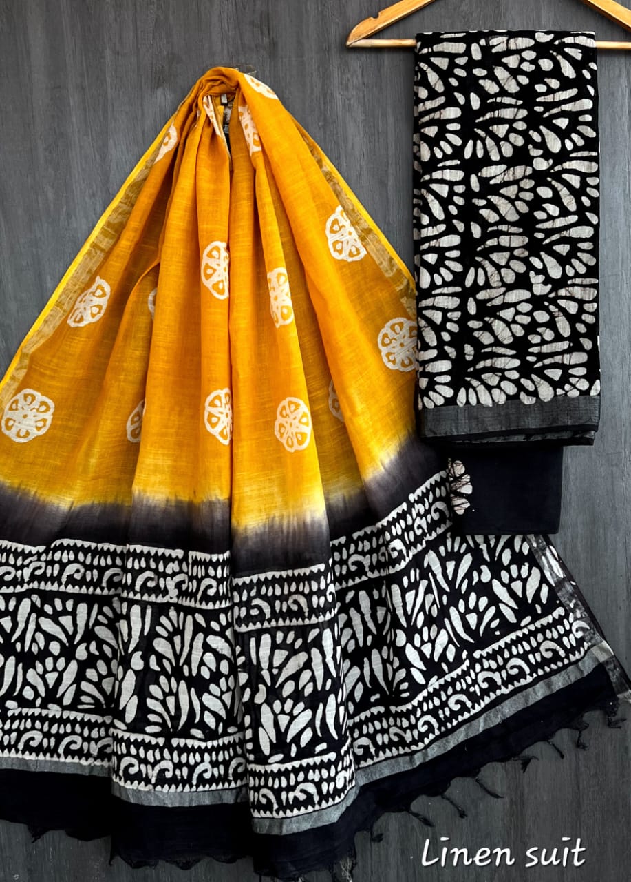 Haripriya | Hand Block Printed Linen Suit Set with Linen Cotton Dupatta