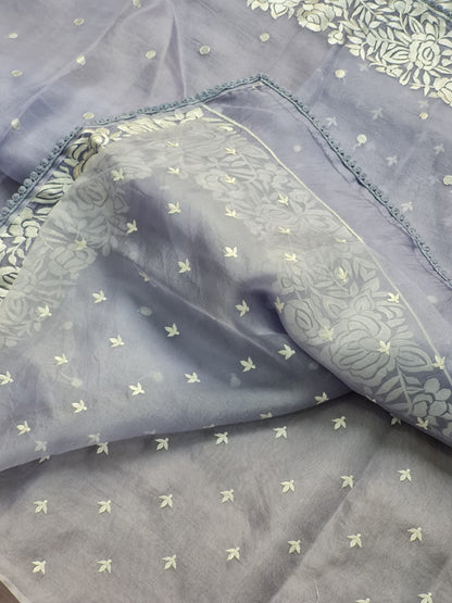 Soni | Organza silk parsi gara with embroidery and lace blue