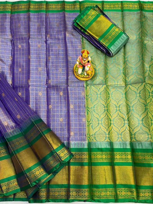 Aanya | Mangalagiri Tissue Checks Butta With Gadwal Border Sarees In Bluevilet Color