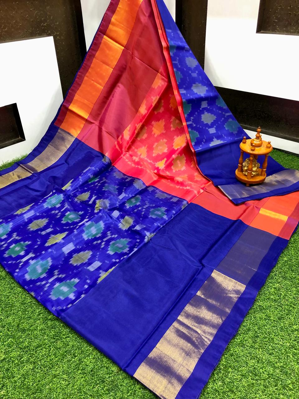 Saira | ikat design silk sarees - dark blue & light pink