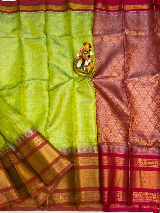 Anushka | Mangalagiri Tissue Checks Butta With Gadwal Border Sarees In Greenyellow Color