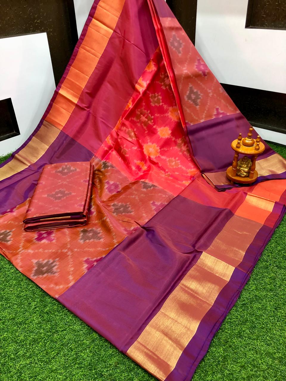 Saira | ikat design silk sarees - purple & coral