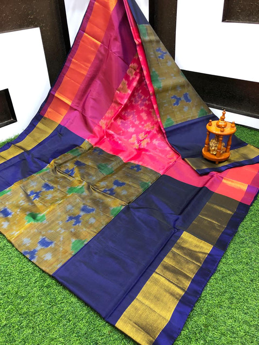 Saira | ikat design silk sarees - dark blue with light pink