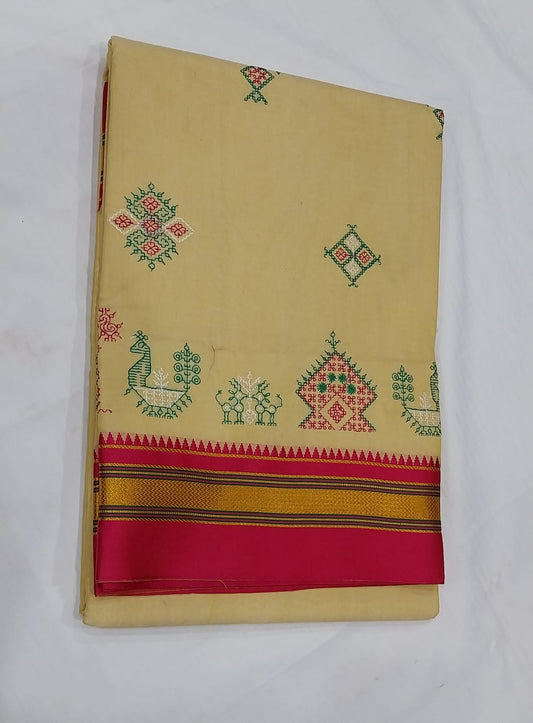 Harinder | Karnataka Kasuti work cotton saree in Palegoldenrod color