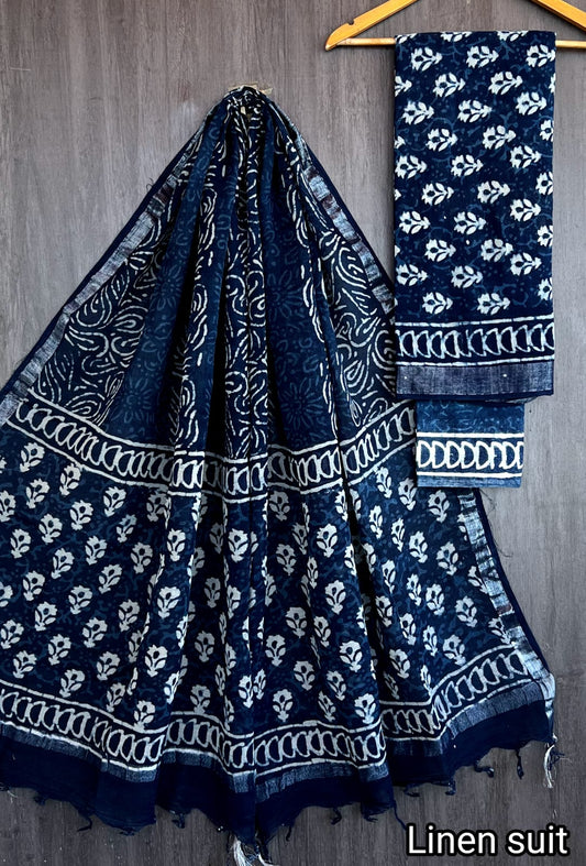 Gauri | Hand Block Printed Linen Suit Set with Linen Cotton Dupatta