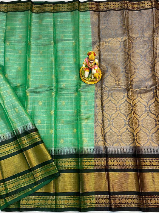 Darika | Mangalagiri Tissue Checks Butta With Gadwal Border Sarees In aquamarine Color