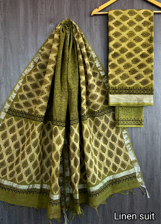 Disha | Hand Block Printed Linen Suit Set with Linen Cotton Dupatta