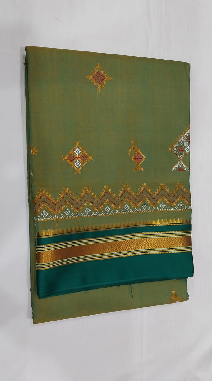 Fatima| Karnataka Kasuti work cotton saree in olive color