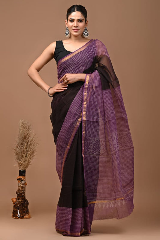 Moloya | Kota Doriya Saree with Bagru Prints