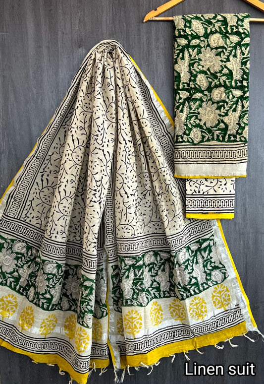 Elina | Hand Block Printed Linen Suit Set with Linen Cotton Dupatta