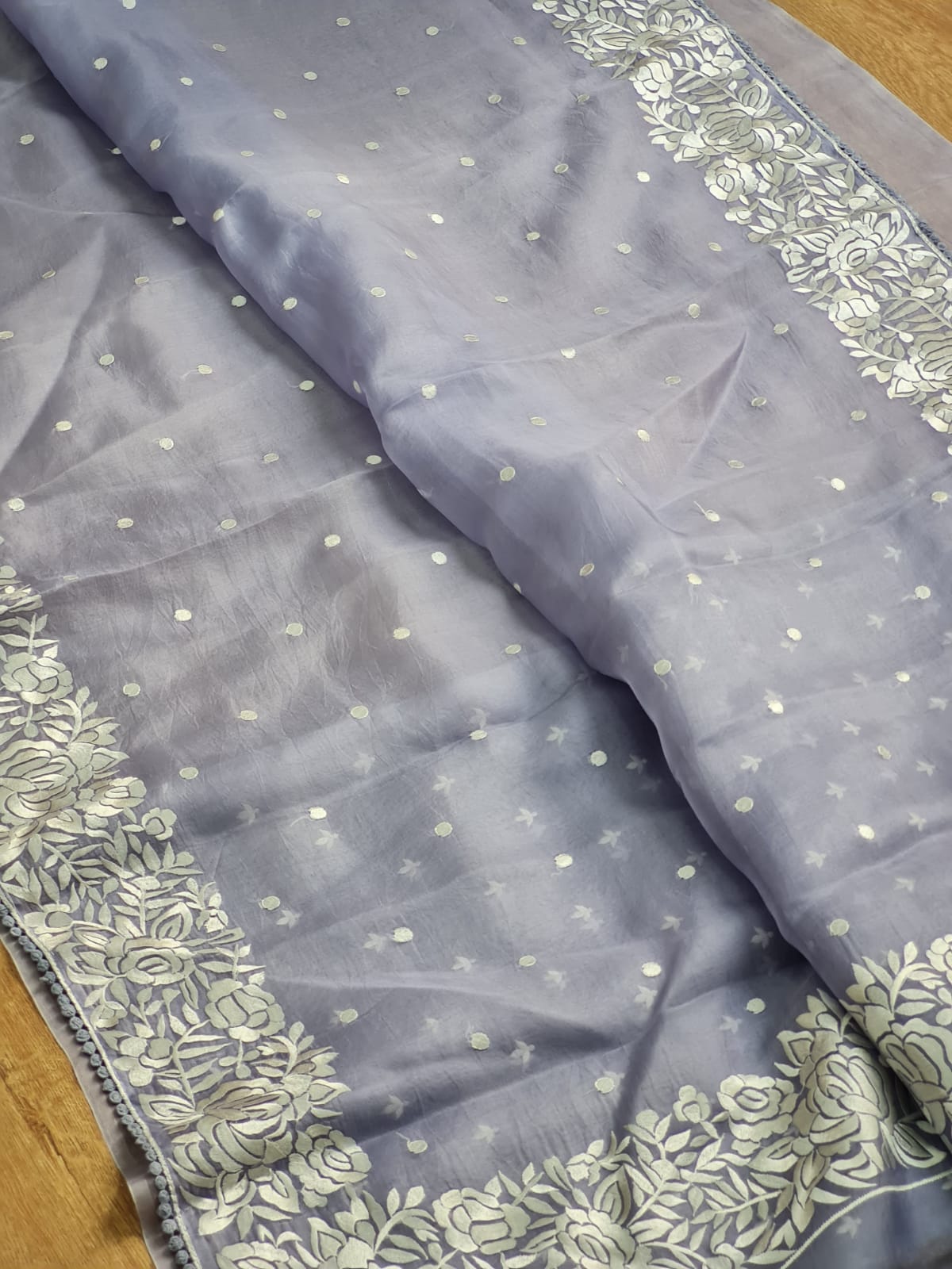 Soni | Organza silk parsi gara with embroidery and lace blue