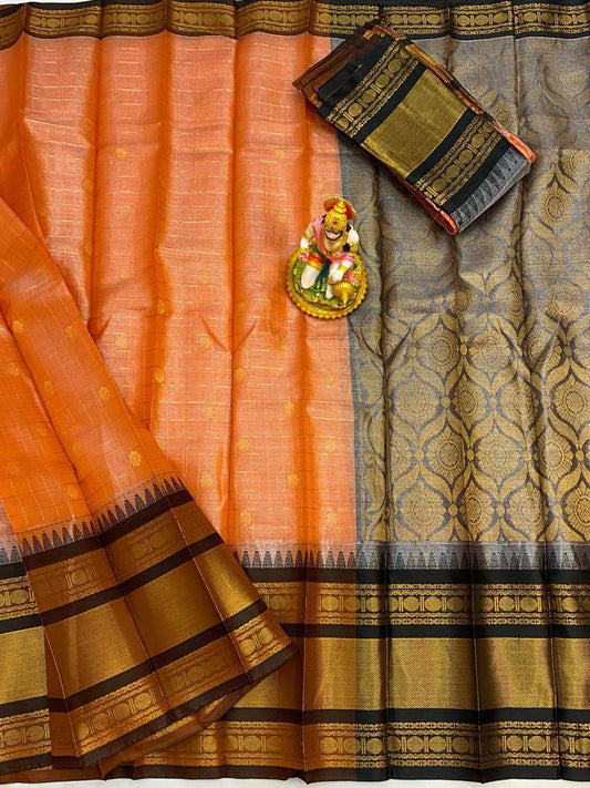 Aarya | Mangalagiri Tissue Checks Butta With Gadwal Border Sarees In Coral Color