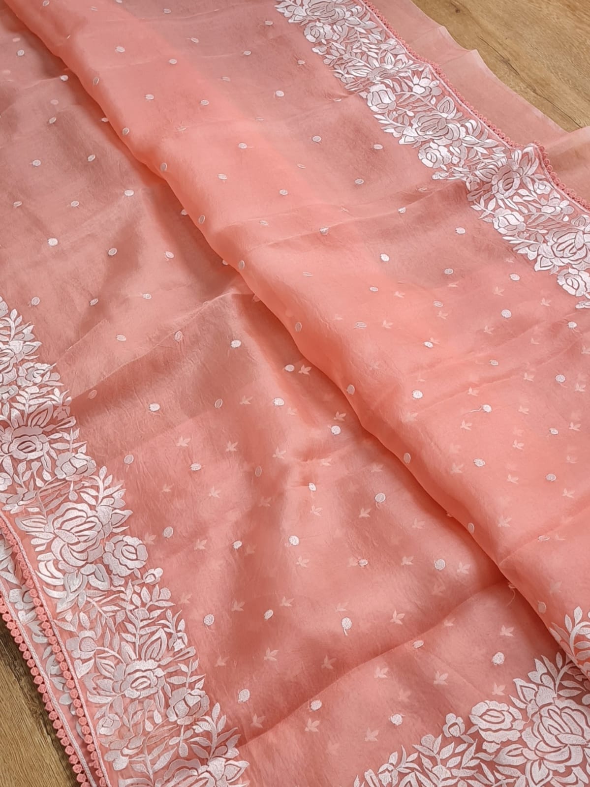 Soni | Organza silk parsi gara with embroidery and lace peach