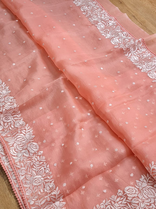 Soni | Organza silk parsi gara with embroidery and lace peach