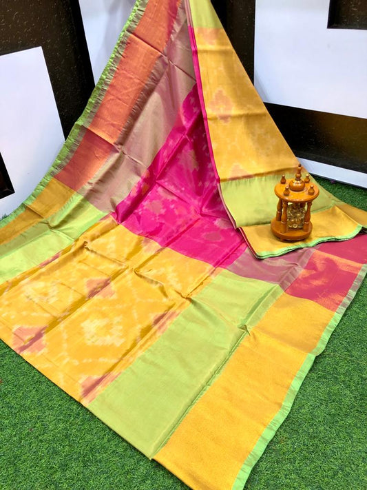 Saira | ikat design silk sarees - gold with pink