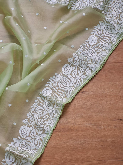 Soni | Organza silk parsi gara with embroidery and lace green