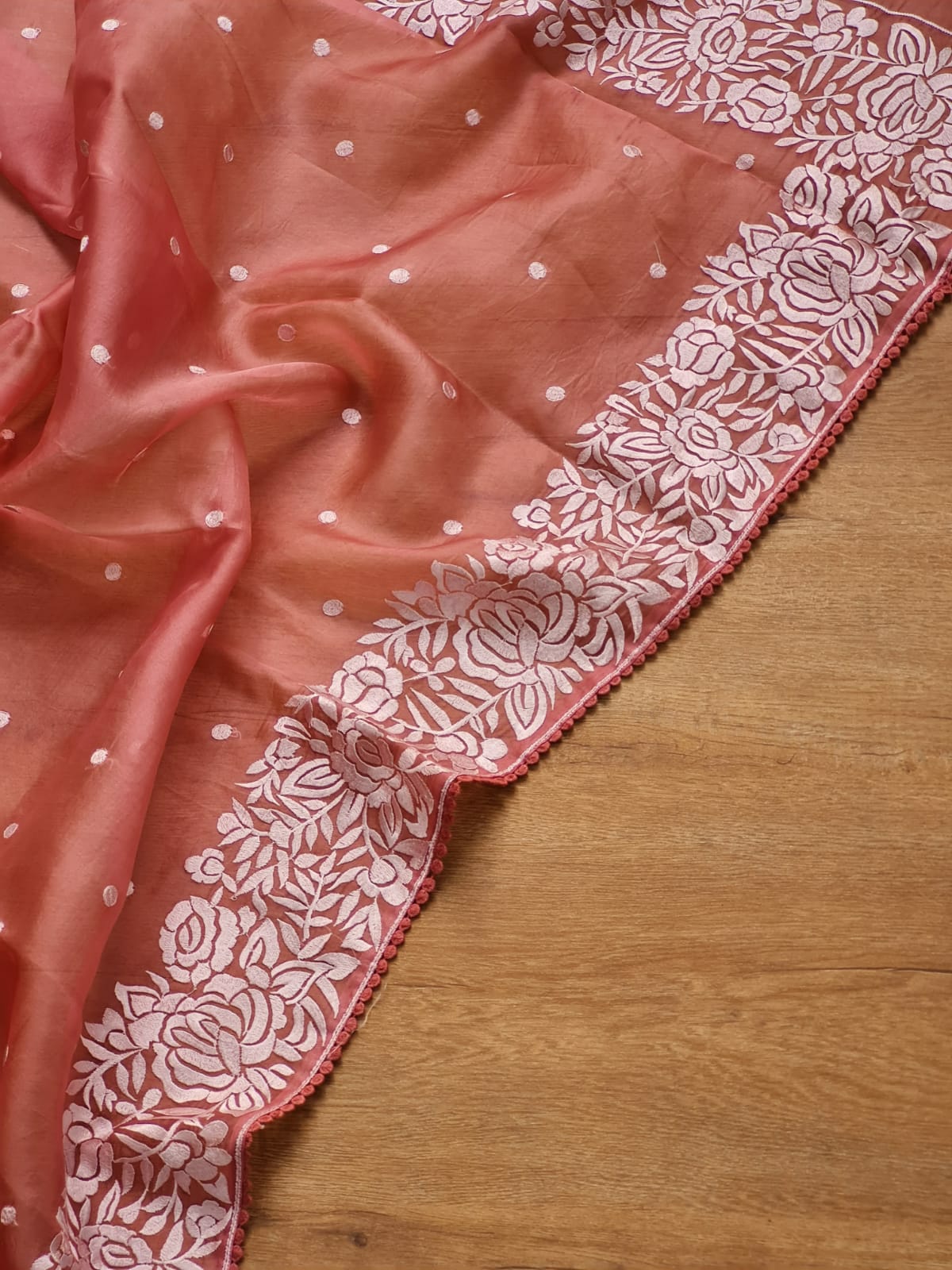 Soni | Organza silk parsi gara with embroidery and lace Red