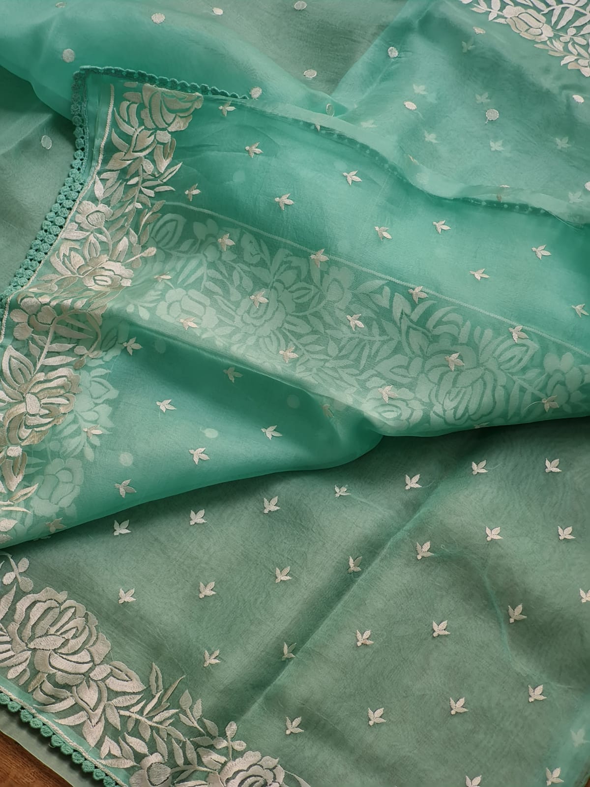 Samsoni | Organza silk parsi gara with embroidery and lace blue