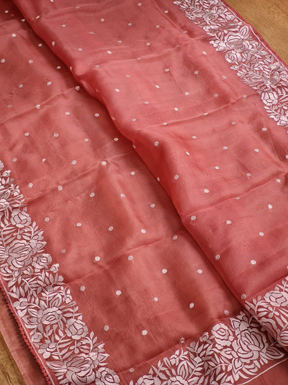 Soni | Organza silk parsi gara with embroidery and lace Red