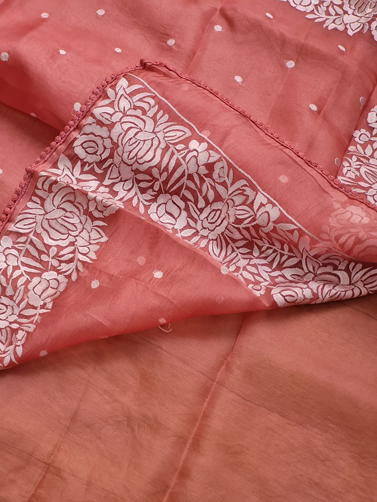 Soni | Organza silk parsi gara with embroidery and lace Red