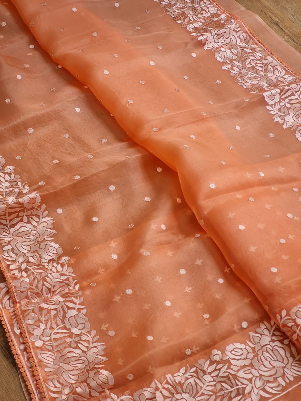 Soni | Organza silk parsi gara with embroidery and lace orange