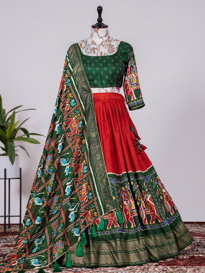 Patola print lehenga in gola silk | green with Red ghagra