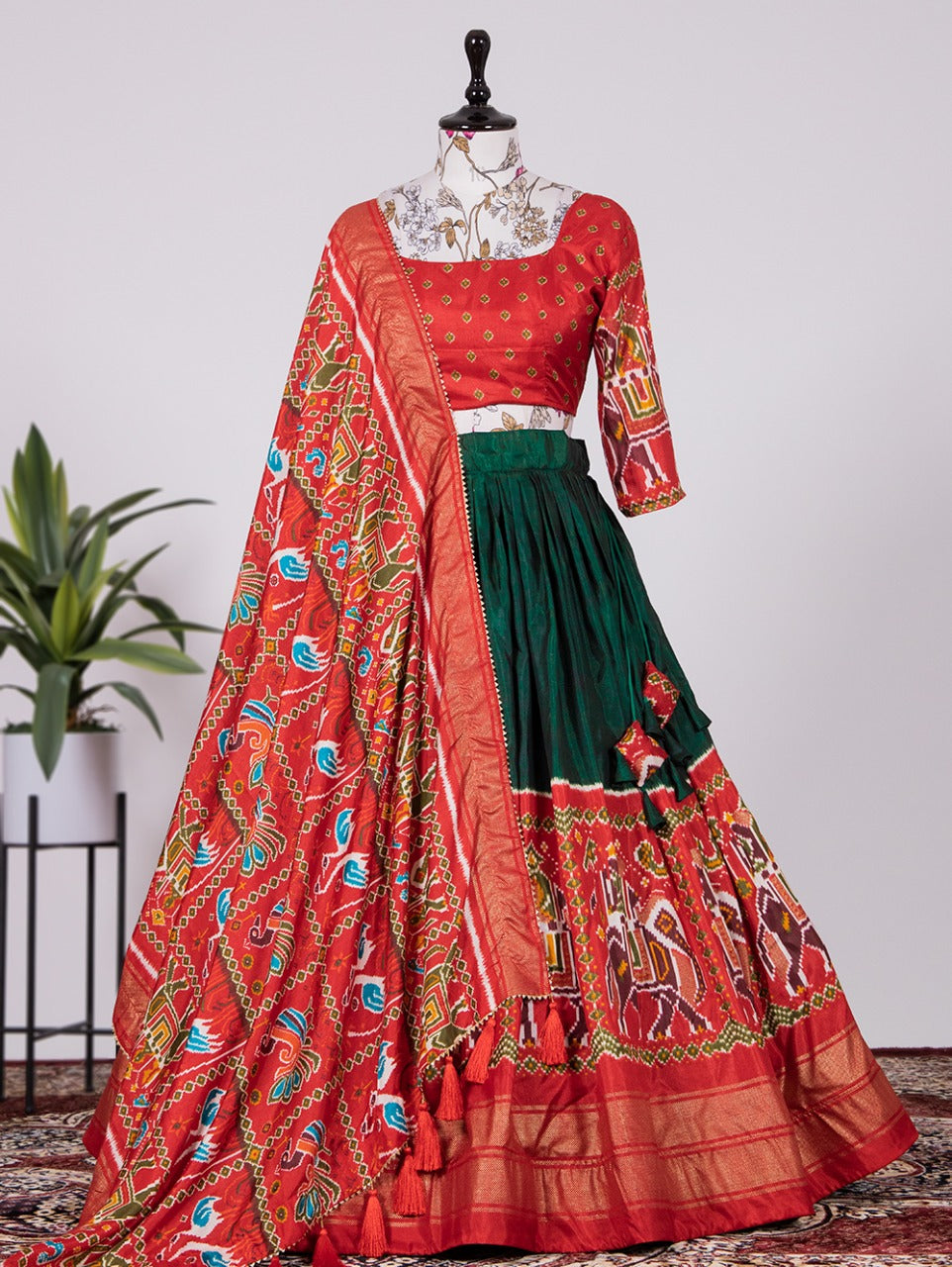 Patola print lehenga in gola silk | red with blue ghagra